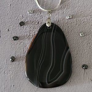 Black & White Agate Glass Rock on a Silver Chain